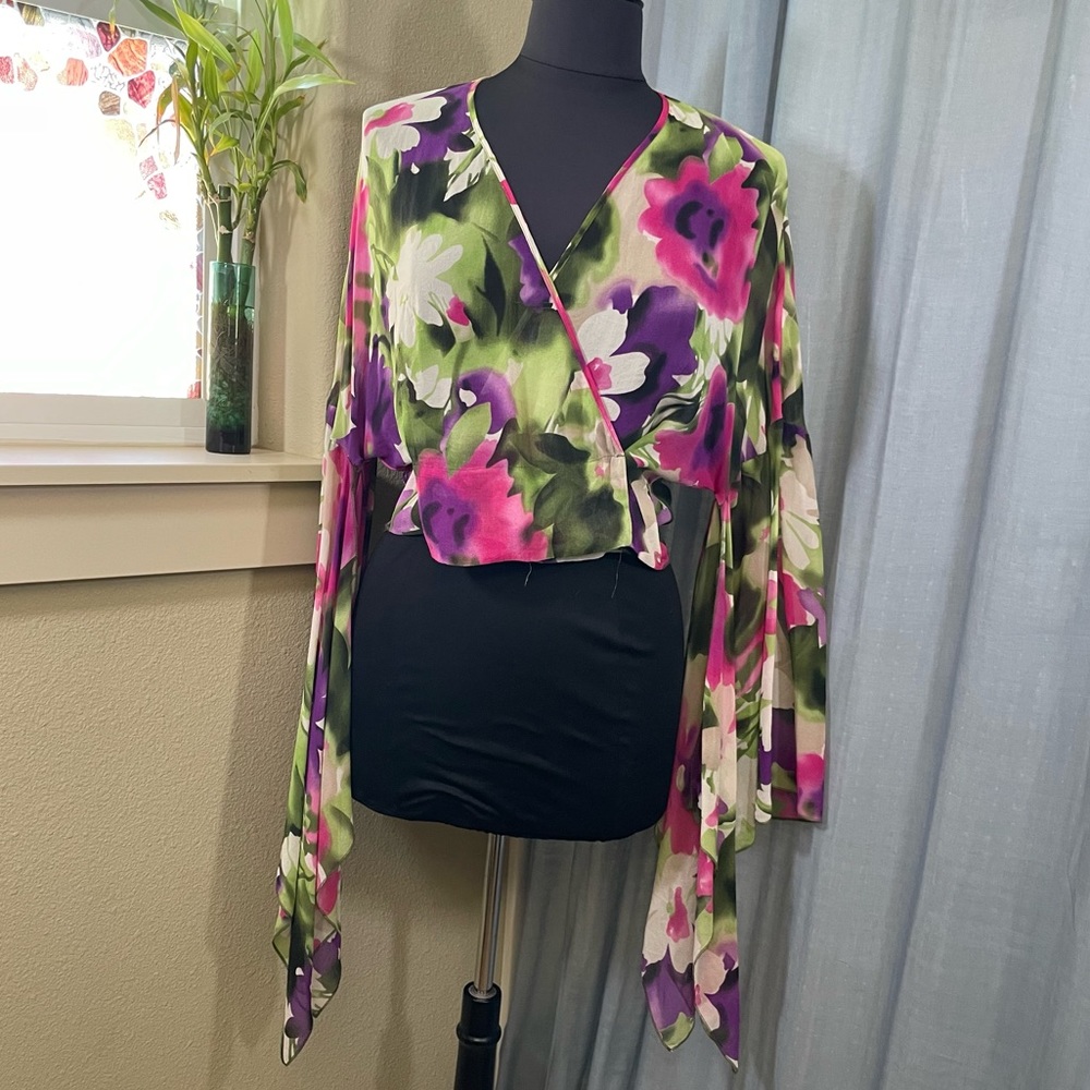 90s Watercolor Kimono style top-sheer silk chiffon